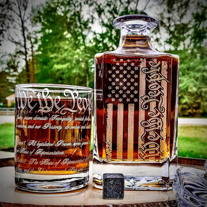 Memorial Day Promotion| We The People American Flag 360 Wrap U.S. Constitution Glass  Whiskey Decanter