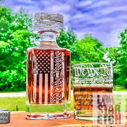 Memorial Day Promotion| We The People American Flag 360 Wrap U.S. Constitution Glass  Whiskey Decanter