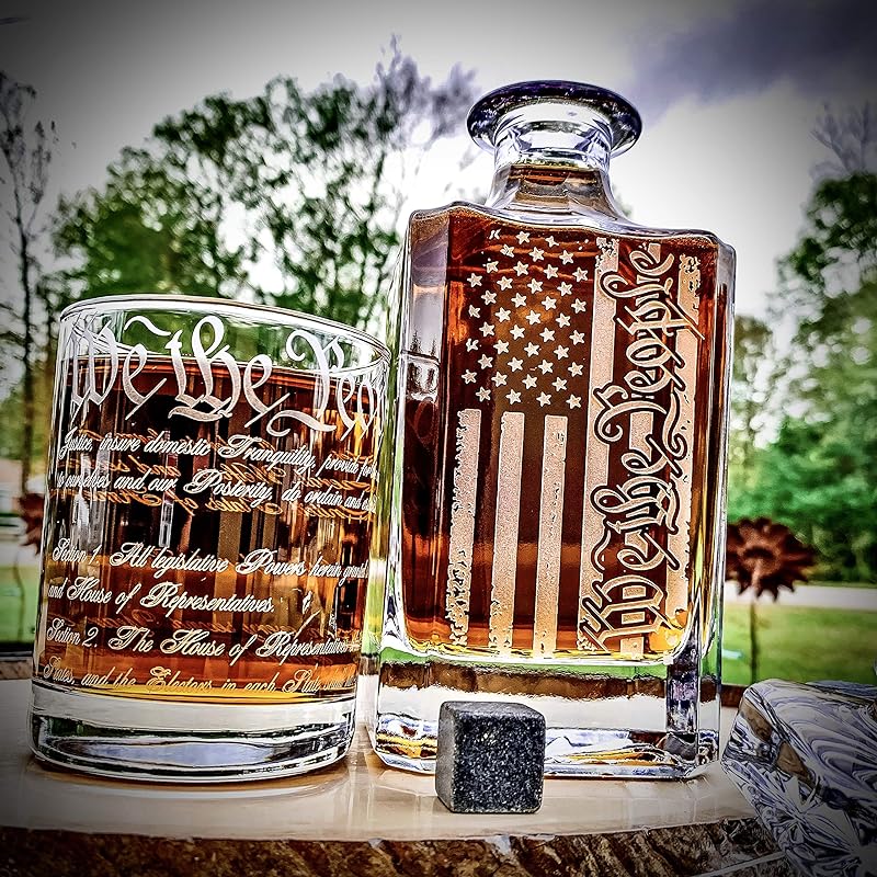 Memorial Day Promotion| We The People American Flag 360 Wrap U.S. Constitution Glass  Whiskey Decanter