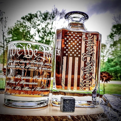 Memorial Day Promotion| We The People American Flag 360 Wrap U.S. Constitution Glass  Whiskey Decanter